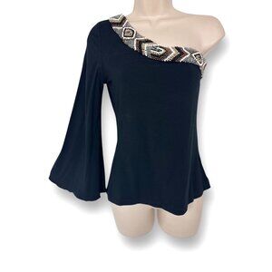 Size XS X-SMALL BOSTON PROPER BLACK‎ BEADED ONE-SHOULDER ONE-SLEEVE TOP Shirt